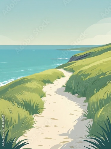 Wallpaper Mural Winding coastal path on a lush green cliff overlooking a peaceful azure ocean Torontodigital.ca