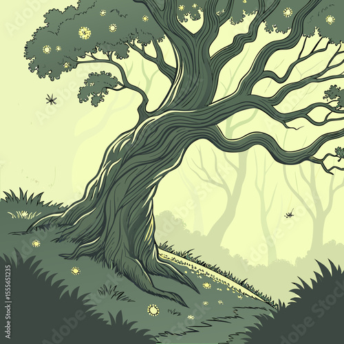 An enchanted tree with twisted branches, glowing fireflies surrounding it., illustration of a tree vector tree