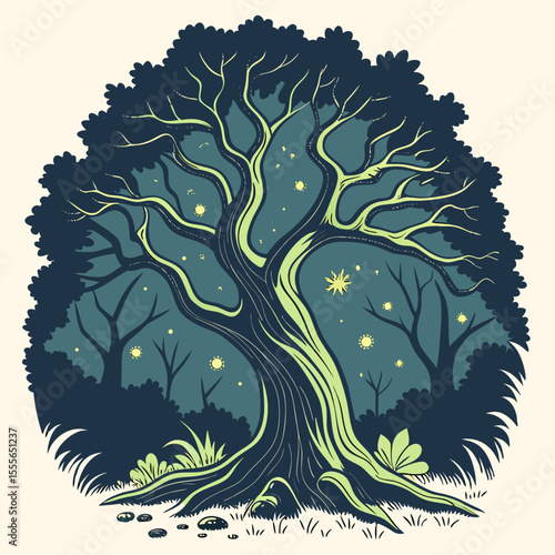 An enchanted tree with twisted branches, glowing fireflies surrounding it., illustration of a tree vector tree