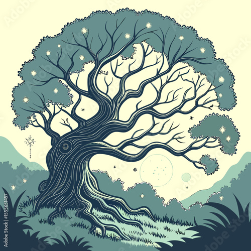 An enchanted tree with twisted branches, glowing fireflies surrounding it., illustration of a tree vector tree