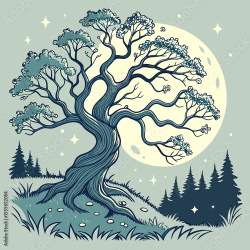 An enchanted tree with twisted branches, glowing fireflies surrounding it., illustration of a tree	vector tree