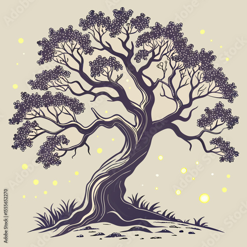 An enchanted tree with twisted branches, glowing fireflies surrounding it., illustration of a tree	vector tree