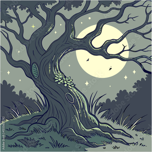 An enchanted tree with twisted branches, glowing fireflies surrounding it., illustration of a tree	vector tree