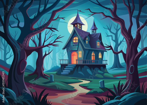 A captivating illustration of a gothic-style house nestled within a dark, mysterious forest at night.