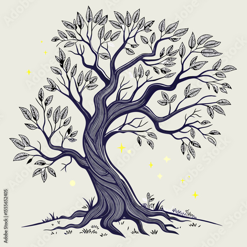 An enchanted tree with twisted branches, glowing fireflies surrounding it., illustration of a tree	vector tree
