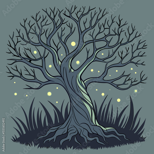 An enchanted tree with twisted branches, glowing fireflies surrounding it., illustration of a tree	vector tree