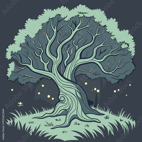 An enchanted tree with twisted branches, glowing fireflies surrounding it., illustration of a tree	vector tree