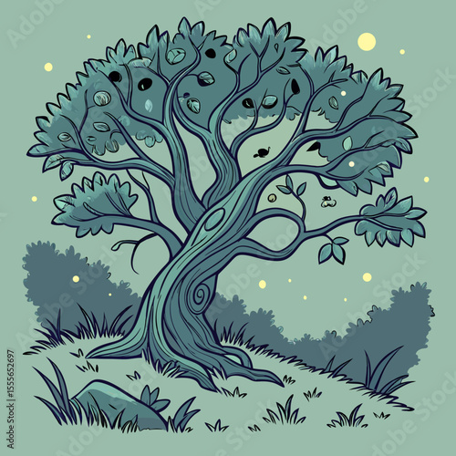 An enchanted tree with twisted branches, glowing fireflies surrounding it., illustration of a tree	vector tree