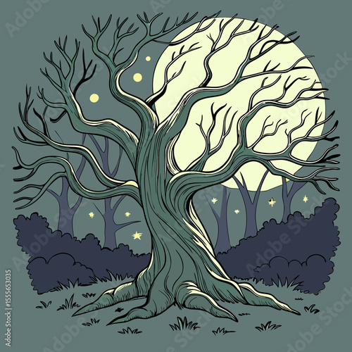 An enchanted tree with twisted branches, glowing fireflies surrounding it., illustration of a tree	vector tree