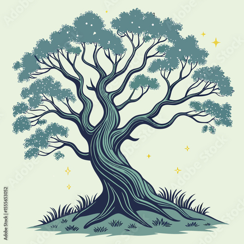 An enchanted tree with twisted branches, glowing fireflies surrounding it., illustration of a tree	vector tree