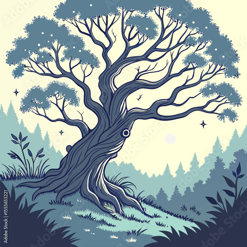An enchanted tree with twisted branches, glowing fireflies surrounding it., illustration of a tree	vector tree