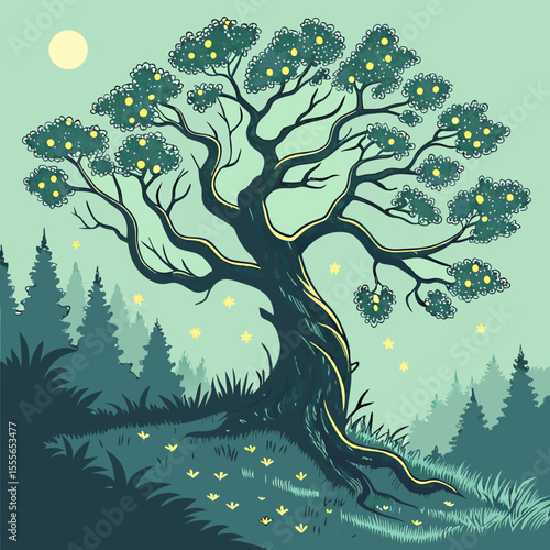 An enchanted tree with twisted branches, glowing fireflies surrounding it., illustration of a tree	vector tree