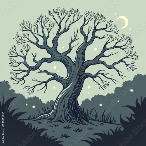 An enchanted tree with twisted branches, glowing fireflies surrounding it., illustration of a tree	vector tree