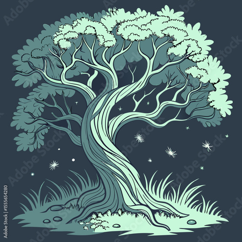 An enchanted tree with twisted branches, glowing fireflies surrounding it., illustration of a tree	vector tree