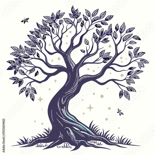 An enchanted tree with twisted branches, glowing fireflies surrounding it., illustration of a tree	vector tree