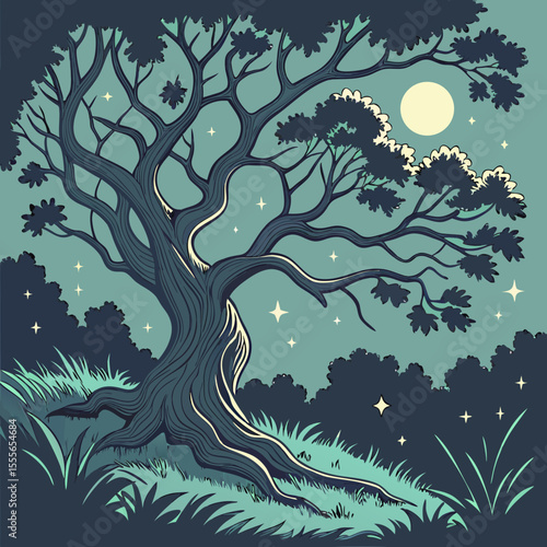 An enchanted tree with twisted branches, glowing fireflies surrounding it., illustration of a tree	vector tree
