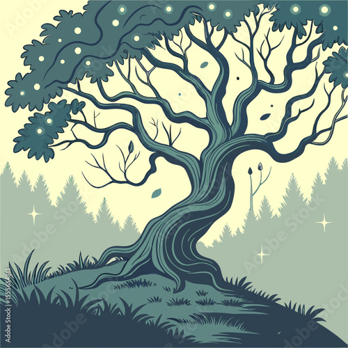 An enchanted tree with twisted branches, glowing fireflies surrounding it., illustration of a tree	vector tree