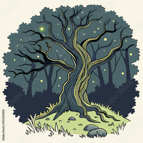 An enchanted tree with twisted branches, glowing fireflies surrounding it., illustration of a tree	vector tree