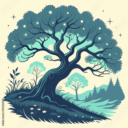 An enchanted tree with twisted branches, glowing fireflies surrounding it., illustration of a tree	vector tree