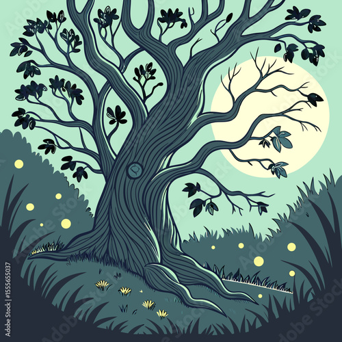 An enchanted tree with twisted branches, glowing fireflies surrounding it., illustration of a tree	vector tree