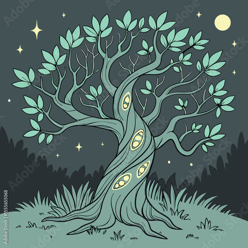 An enchanted tree with twisted branches, glowing fireflies surrounding it., illustration of a tree	vector tree