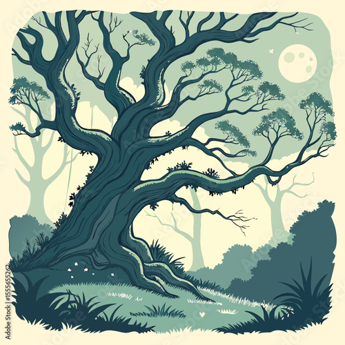 An enchanted tree with twisted branches, glowing fireflies surrounding it., illustration of a tree	vector tree