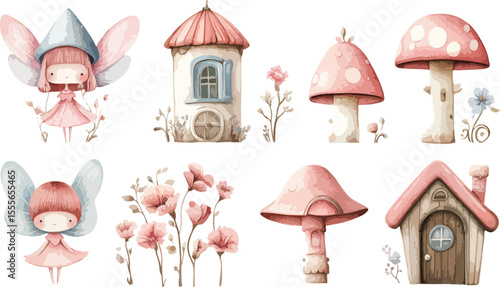 Whimsical Watercolor Fairy Garden Elements with Houses Flowers and Mushrooms