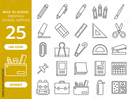 Back to School Essentials Icon Set featuring 25 school supply items in editable line icon style. Perfect for educational materials, digital planners, printables, and school-themed projects.