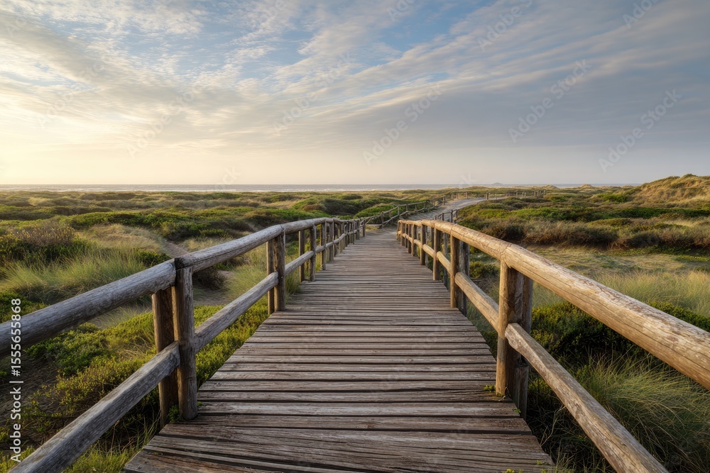 Fototapeta premium A wooden boardwalk leads into a serene coastal landscape at sunrise