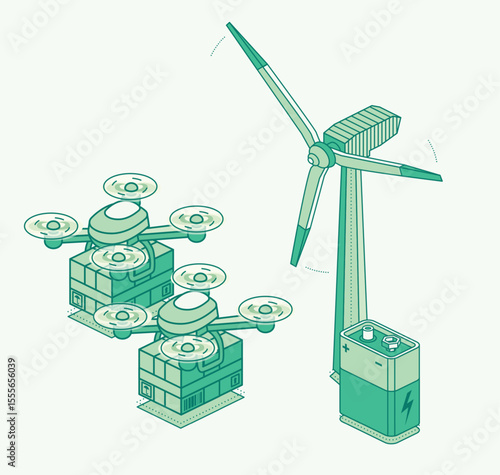 Isometric illustration of delivery drones carrying packages, powered by renewable energy from a wind turbine and battery. Concept of sustainable logistics and green technology.