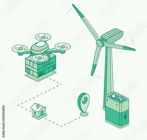 Isometric illustration of a delivery drone transporting a package to a house using a route map. Powered by wind energy and battery. Concept of eco-friendly smart logistics.