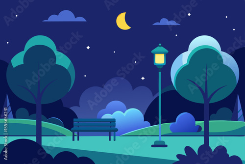 Serene Night Park Moonlit Bench, Starry Sky, Tranquil Trees