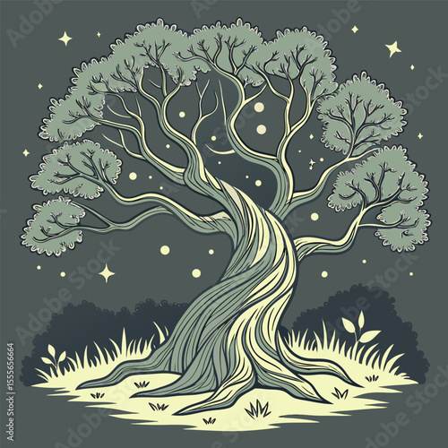 An enchanted tree with twisted branches, glowing fireflies surrounding it., illustration of a tree	vector tree