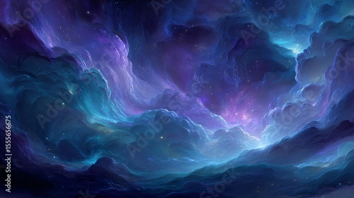 Dynamic sinewave patterns and galaxies blend in swirling cosmic depths of blue and purple hues.