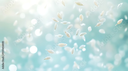 Dreamlike pattern of seeds suspended over a pale blue and creamy white abstract bokeh gradient, mimicking slow motion