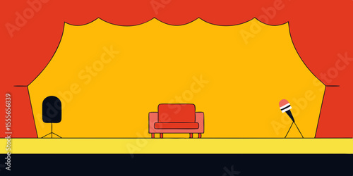 Cartoon vector illustration of a cafe interior with sofa, green tree, and auto on a summer road trip landscape under the sky