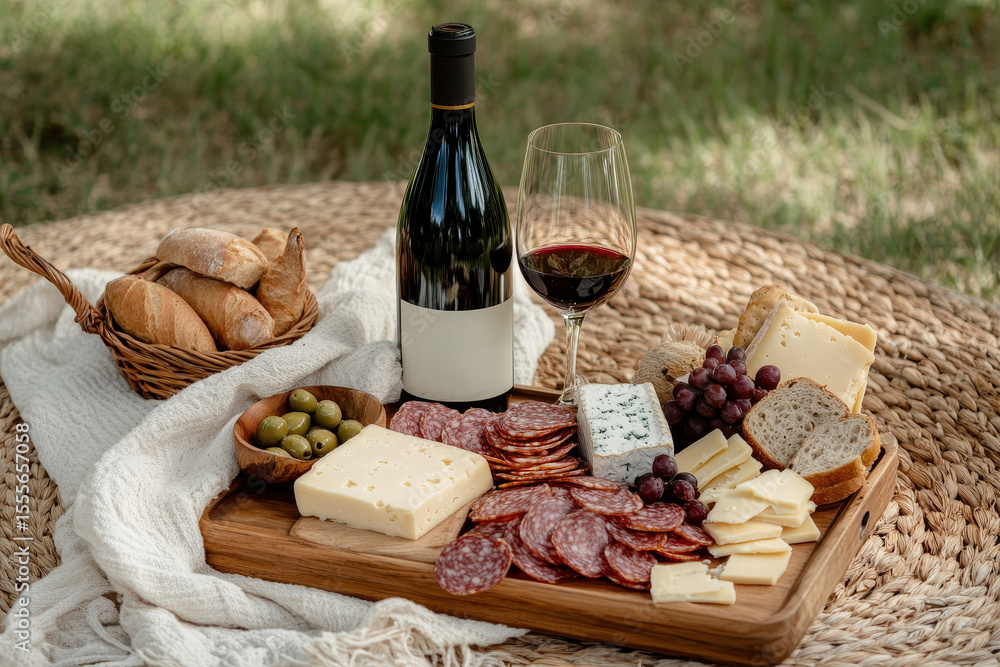 Naklejka premium Picnic setting with wine, glass, cheese, bread, and charcuterie in a peaceful outdoor location during late afternoon