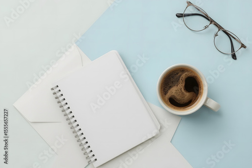Notebook with Coffee Cup and Glasses on Minimal Blue Workspace – Creative Planning Desk