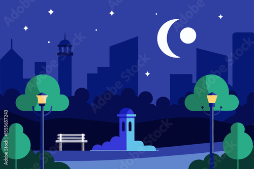 Serene Night City Park A Peaceful Urban Oasis under the Crescent Moon