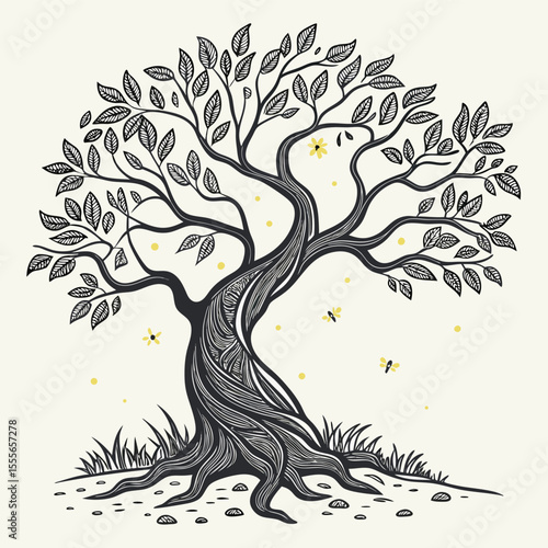 An enchanted tree with twisted branches, glowing fireflies surrounding it., illustration of a tree	vector tree