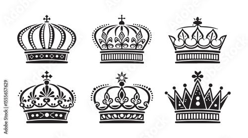 Collection of six ornate royal crowns in a dark blue silhouette style