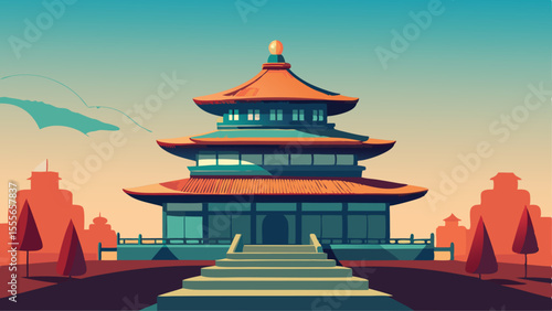 A pagoda style building with steps leading to the entrance landscape illustration