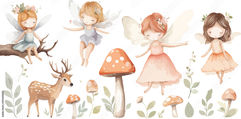 Naklejka premium Watercolor Illustration of Woodland Fairies with Deer and Mushrooms on White