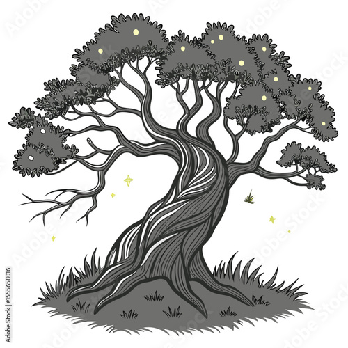 An enchanted tree with twisted branches, glowing fireflies surrounding it., illustration of a tree	vector tree