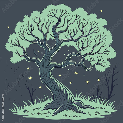 An enchanted tree with twisted branches, glowing fireflies surrounding it., illustration of a tree	vector tree
