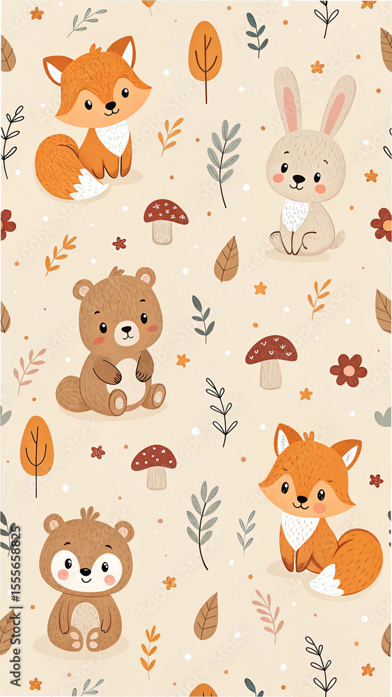 Fototapeta premium Cartoon Forest Animals Pattern Fox Bear Rabbit Mushroom Leaves