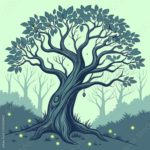 An enchanted tree with twisted branches, glowing fireflies surrounding it., illustration of a tree	vector tree