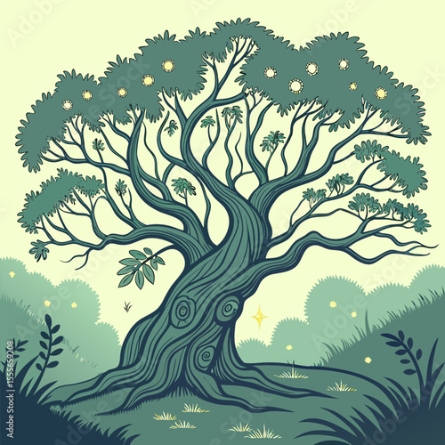 An enchanted tree with twisted branches, glowing fireflies surrounding it., illustration of a tree	vector tree