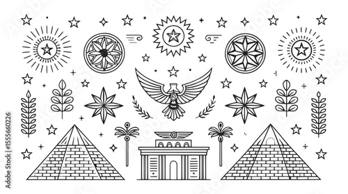 Ancient egyptian symbols including pyramids horus falcon stars and architectural elements silhouette