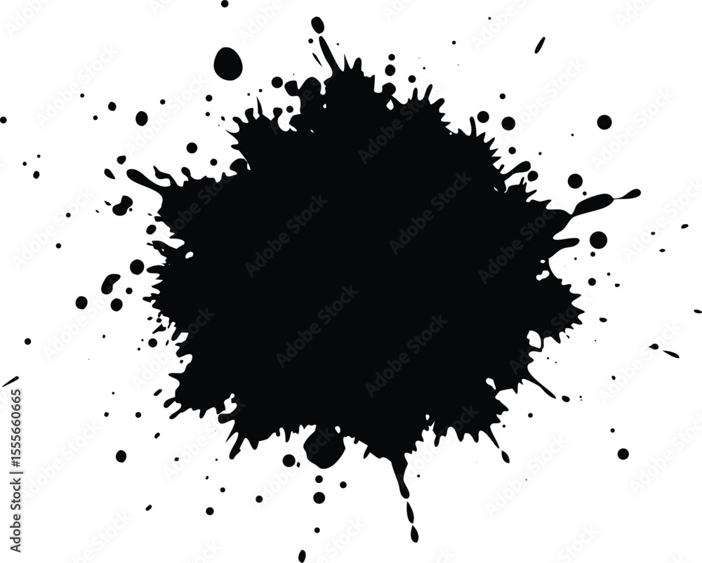 Fototapeta premium Abstract black ink splatter splash with many small dots on white background
